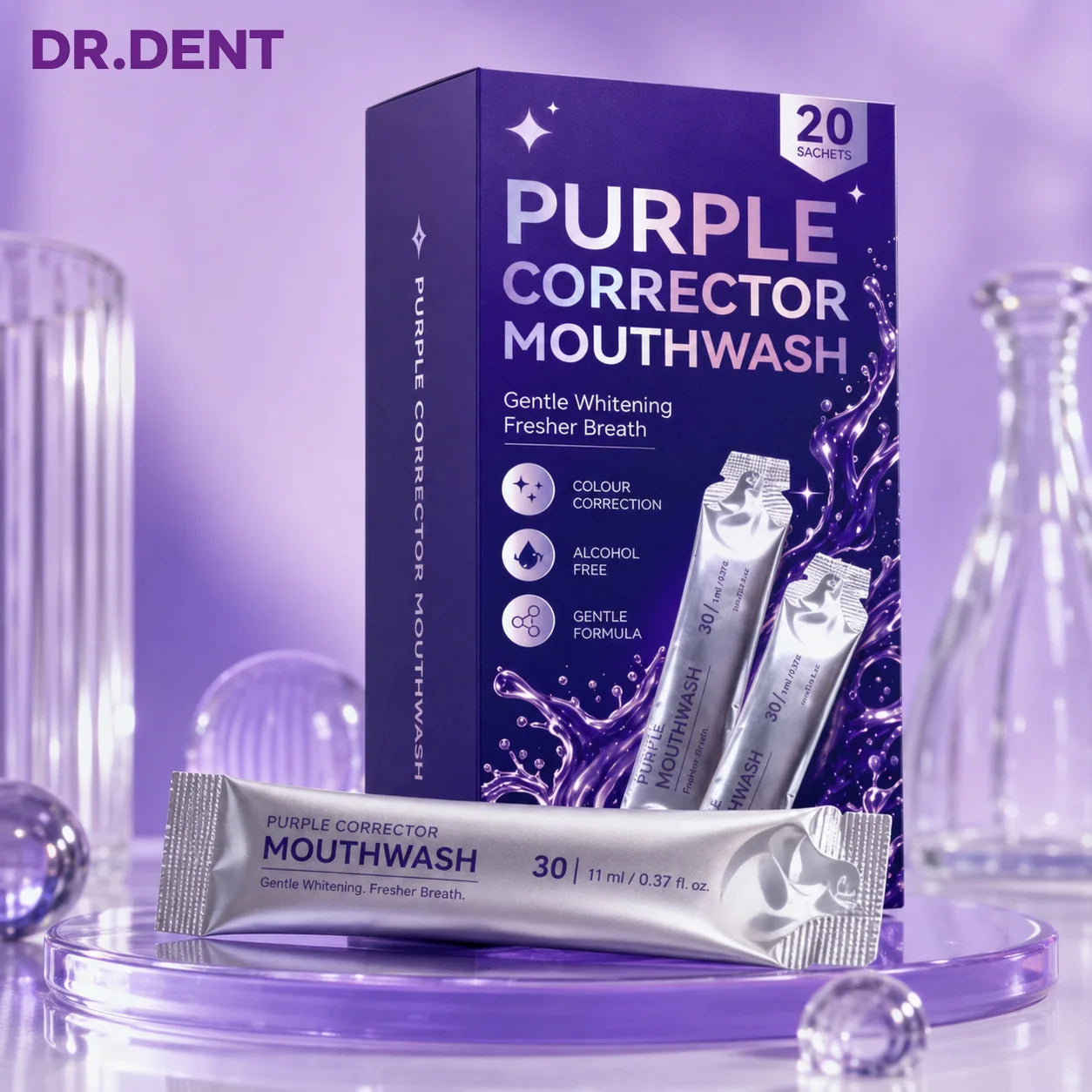 DR.DENT Purple Corrector Mouthwash box with an individual sachet