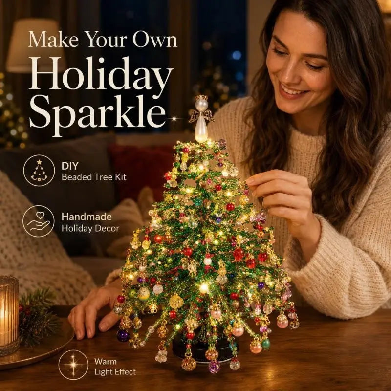 DIY beaded Christmas tree kit with warm lighted display