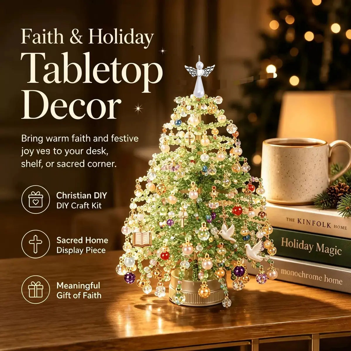 Faith-inspired beaded tabletop tree decor