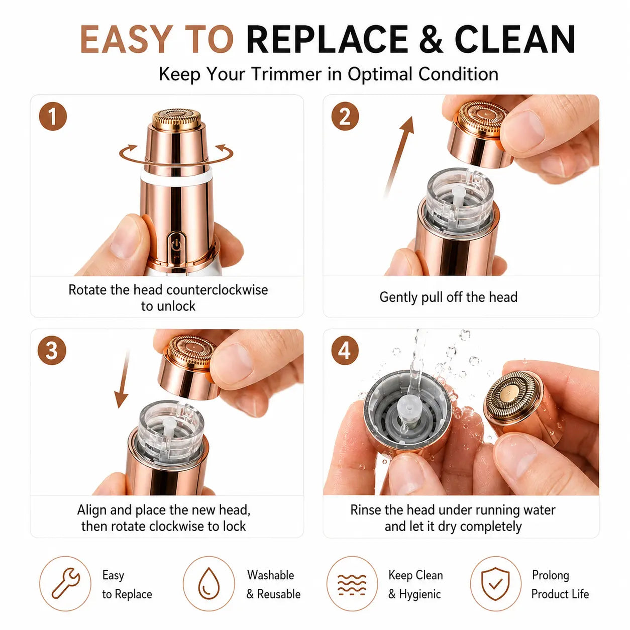 QANVA trimmer replaceable-head cleaning steps