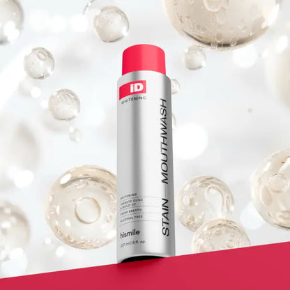 Hismile iD Stain mouthwash bottle product presentation