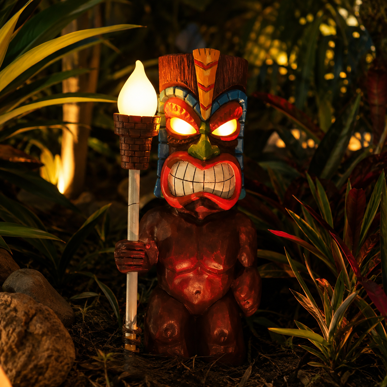 Solar-Powered Tiki Warrior Garden Statue