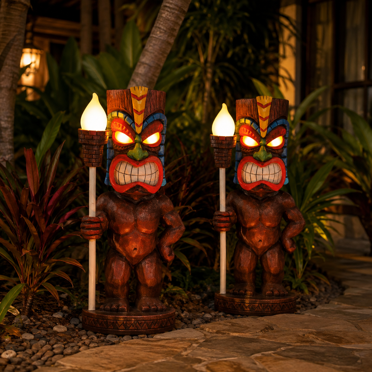 Solar-Powered Tiki Warrior Garden Statue