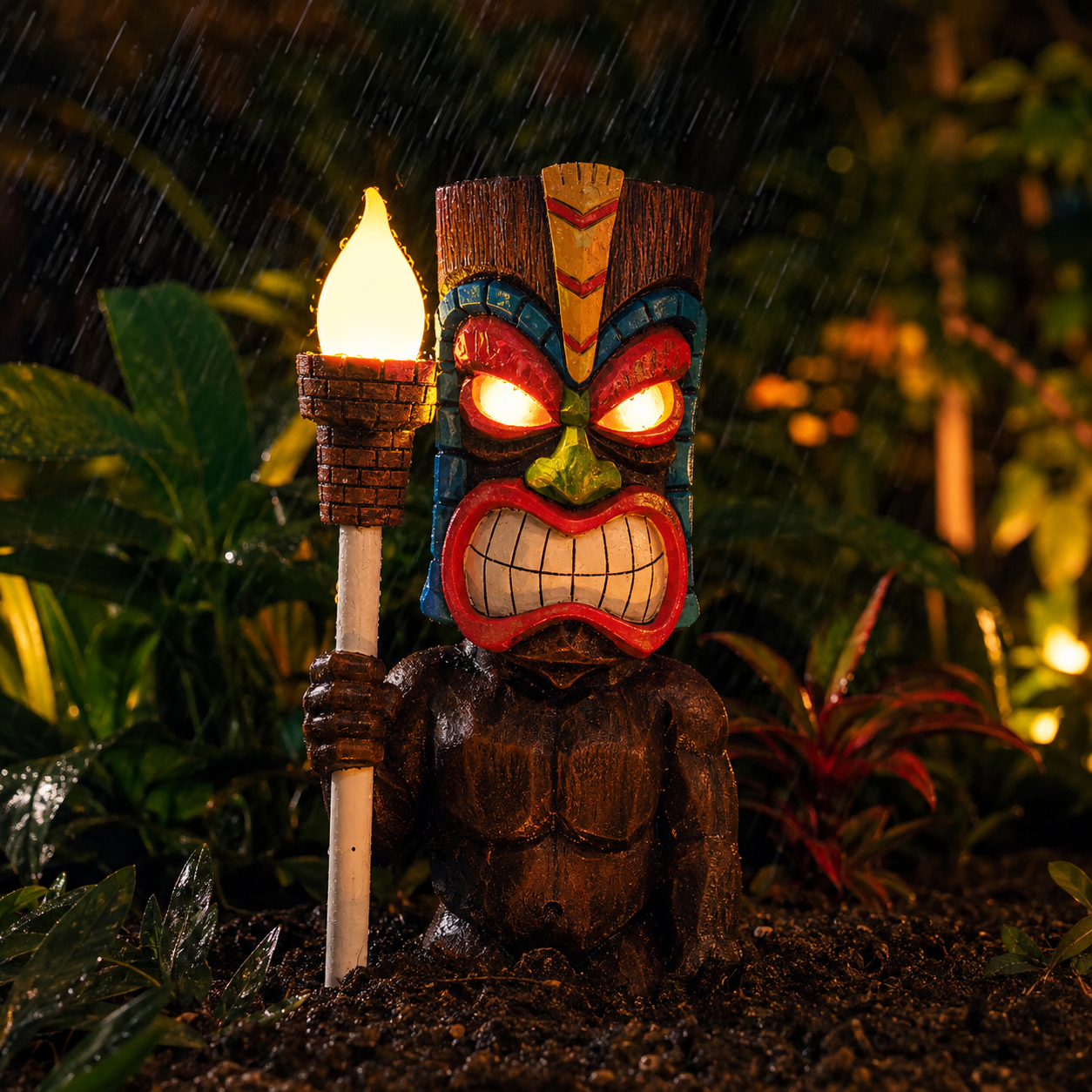 Solar-Powered Tiki Warrior Garden Statue