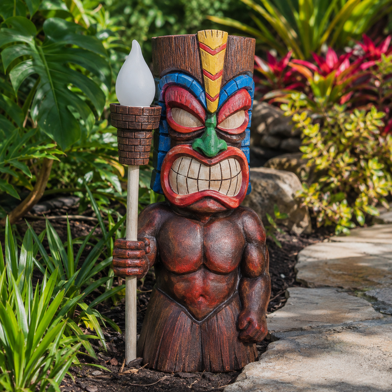 Solar-Powered Tiki Warrior Garden Statue