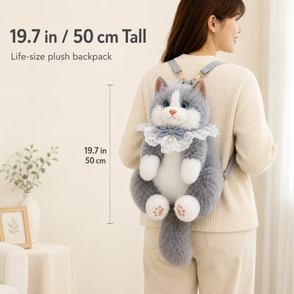 Model wearing the 19.7 inch plush cat backpack
