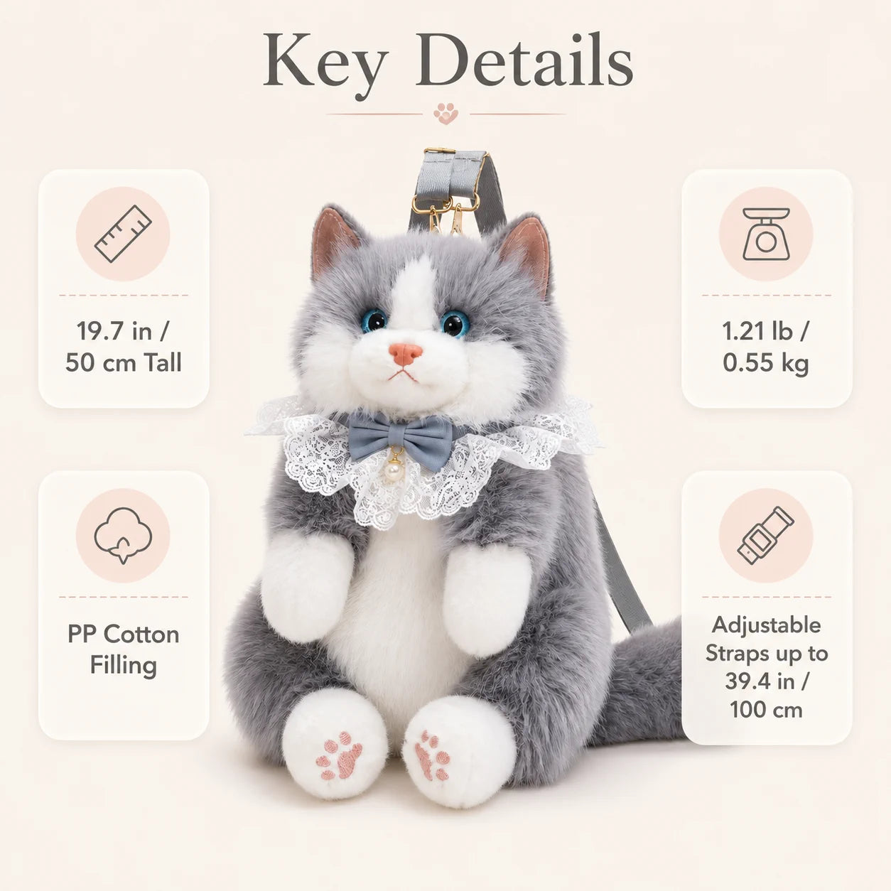 Meowing plush cat backpack size weight filling and strap details