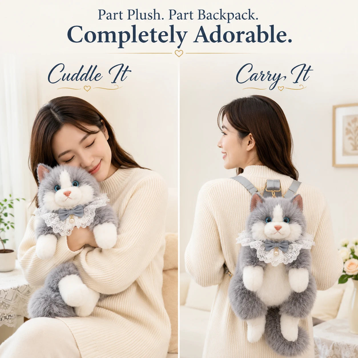 Cuddle and carry the wearable plush cat backpack