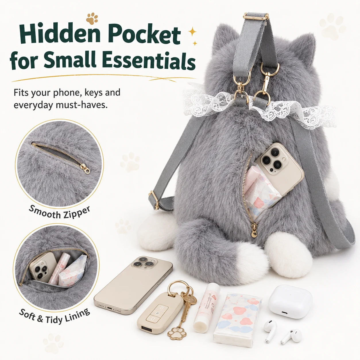 Hidden zippered pocket for small everyday essentials