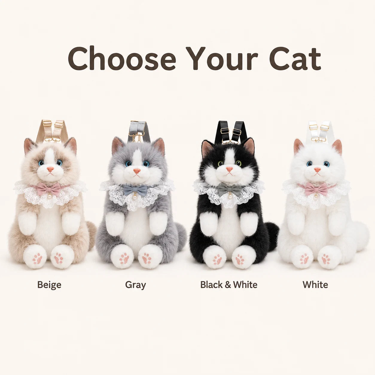 Gray black and white beige and white plush cat backpack colors
