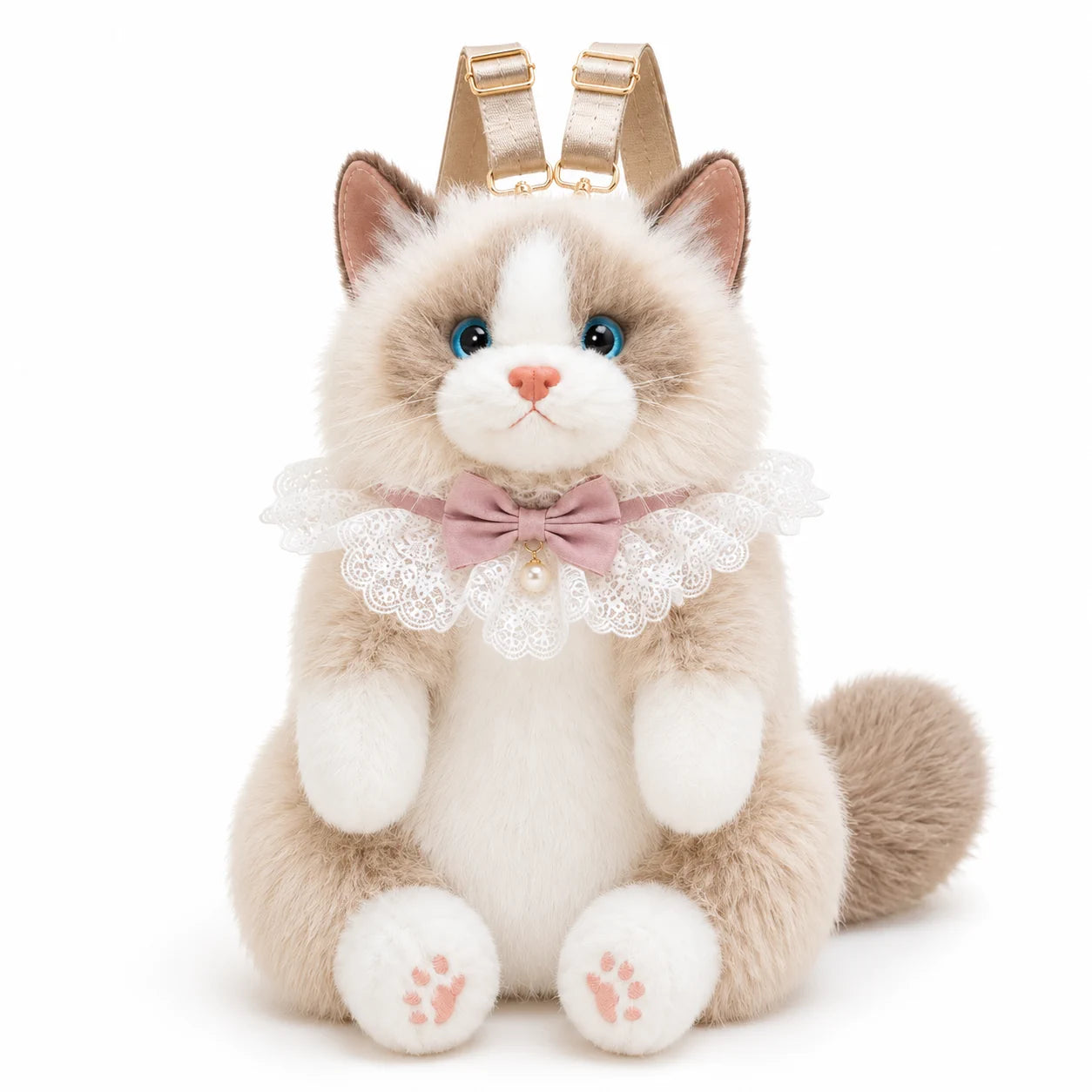 Beige meowing plush cat backpack
