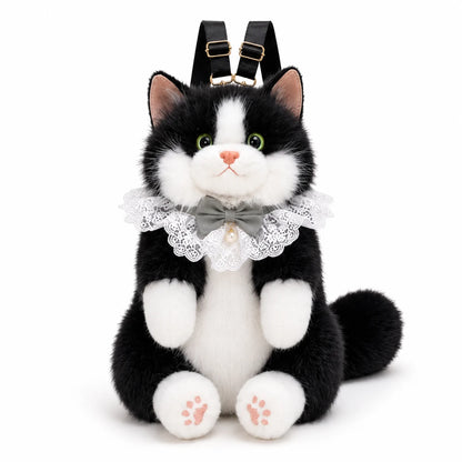 Black and white meowing plush cat backpack