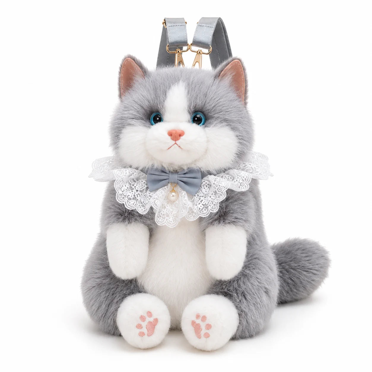 Gray meowing plush cat backpack