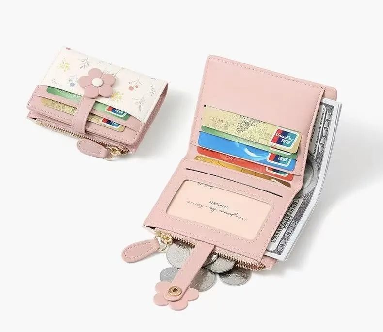 Pink floral mini wallet with card slots and zip coin pocket