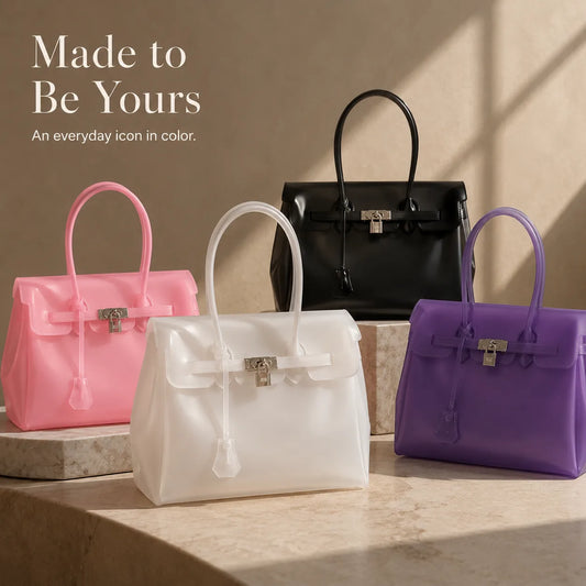 Jelly Tote in four colors with Made to Be Yours headline