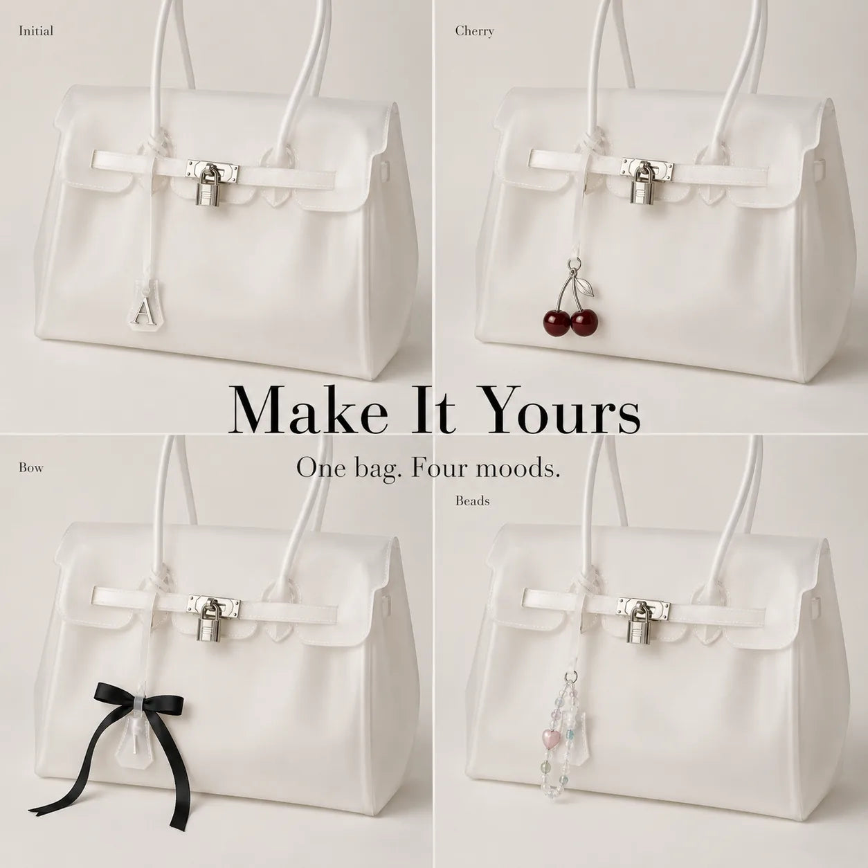 White Jelly Tote styled with four charms