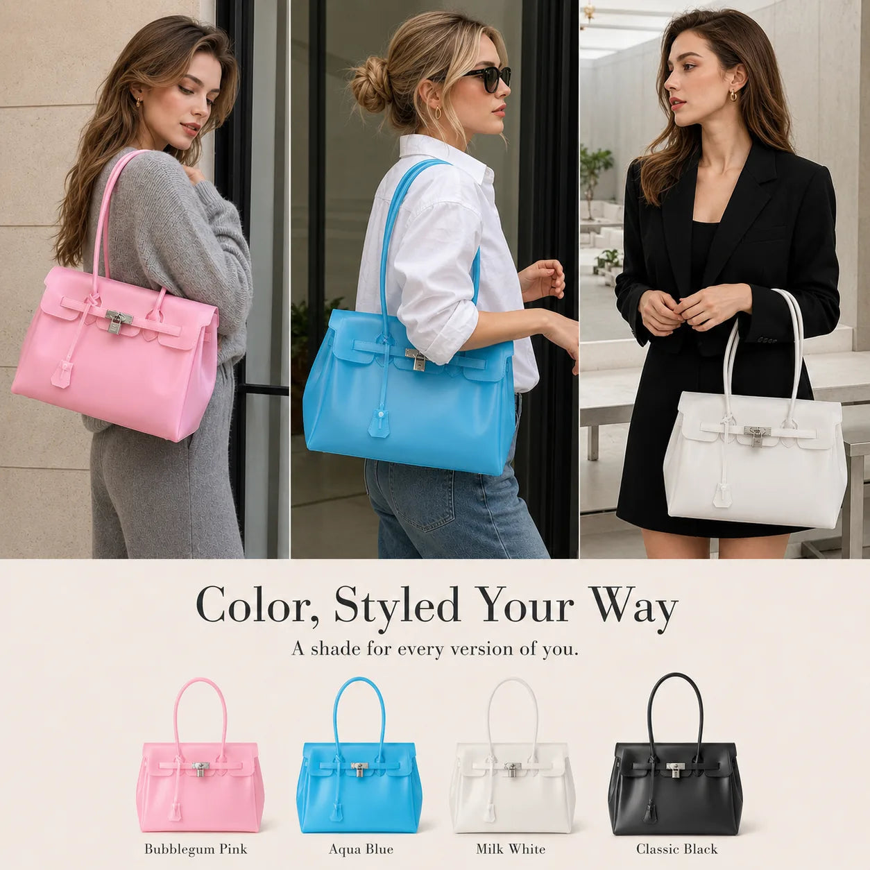 Jelly Tote styled in pink, aqua, white, and black