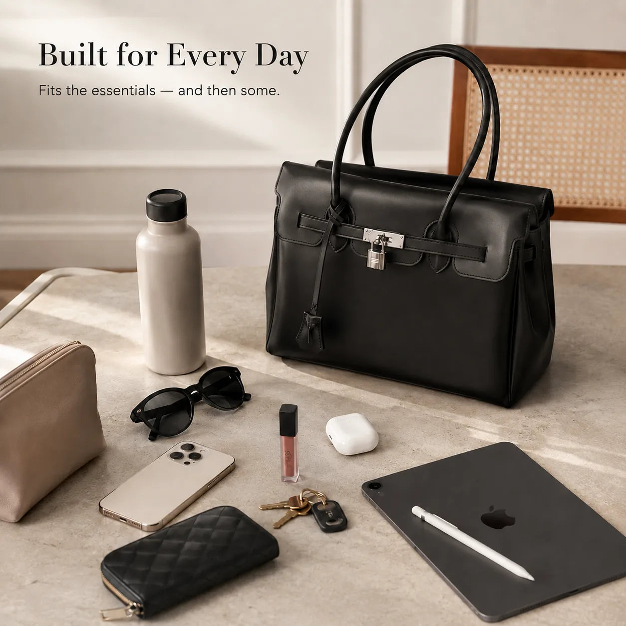 Black Jelly Tote with everyday essentials