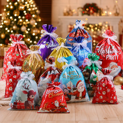 Assorted Christmas drawstring gift bags in festive colors