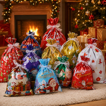 Christmas drawstring gift bag assortment arranged by a fireplace