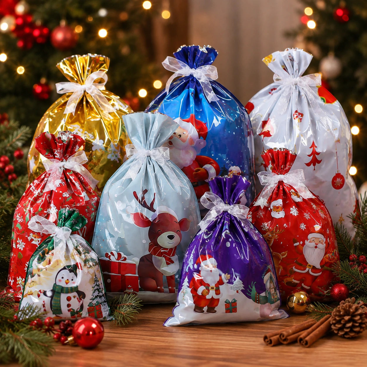 Colorful Christmas gift bags with Santa and holiday designs