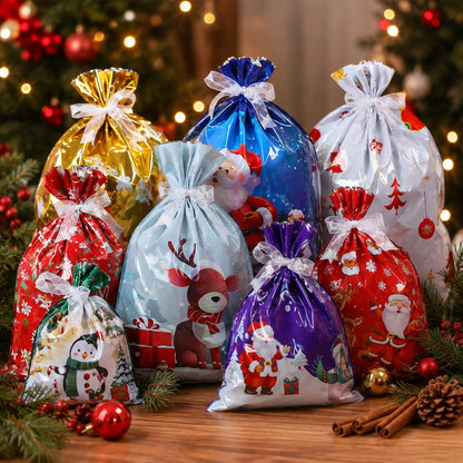 Colorful Christmas gift bags with Santa and holiday designs