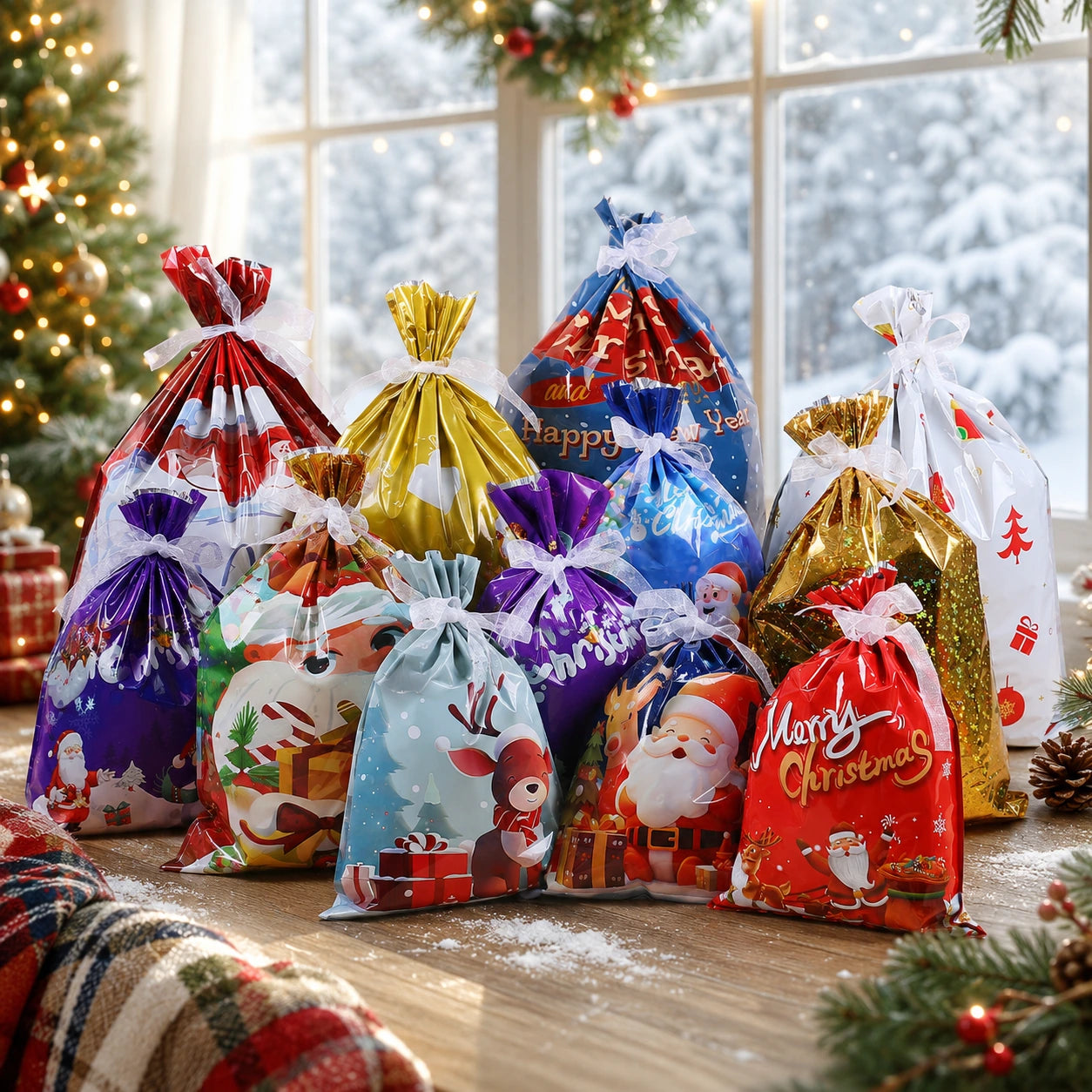 Christmas drawstring gift bags displayed by a winter window